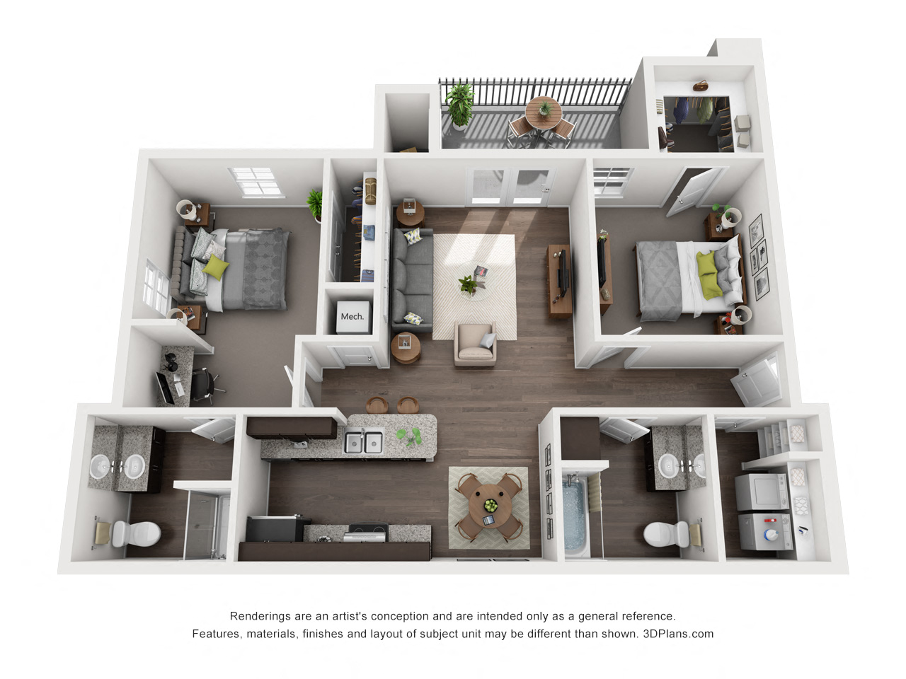 Floor plan for 2 beds, 2 baths, 997 sqft
